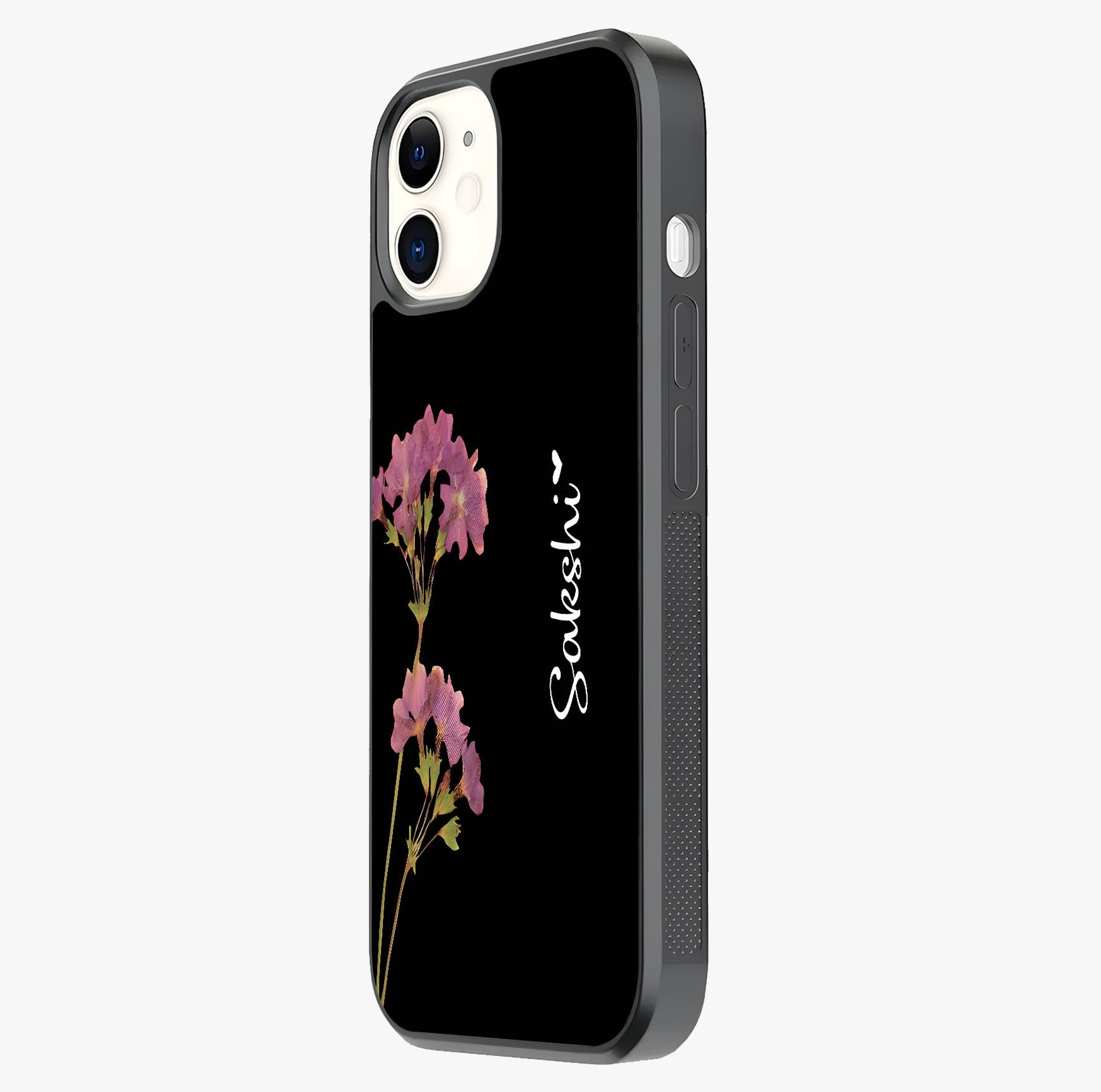 Riching Lavender Flower Custom Name Glass Case photographed in natural light showing reflective finish and design depth.