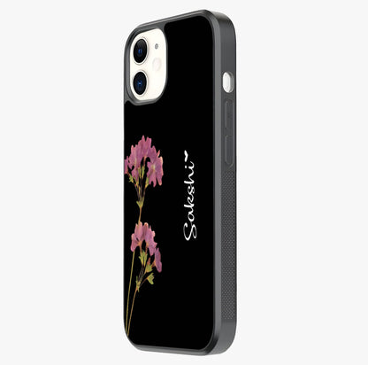 Riching Lavender Flower Custom Name Glass Case photographed in natural light showing reflective finish and design depth.