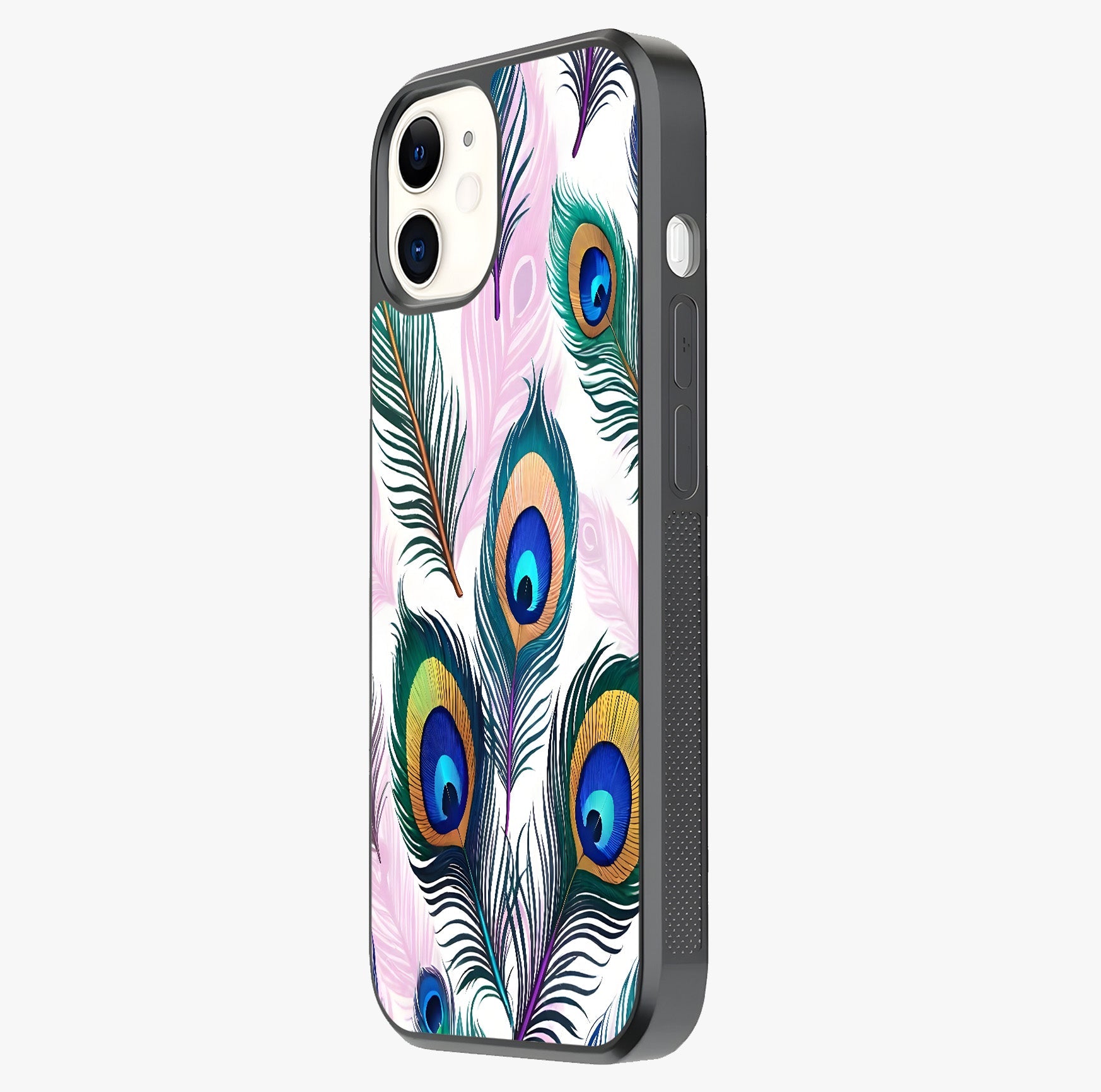Royal Peacock Feathers Glass Case photographed in natural light showing reflective finish and design depth.
