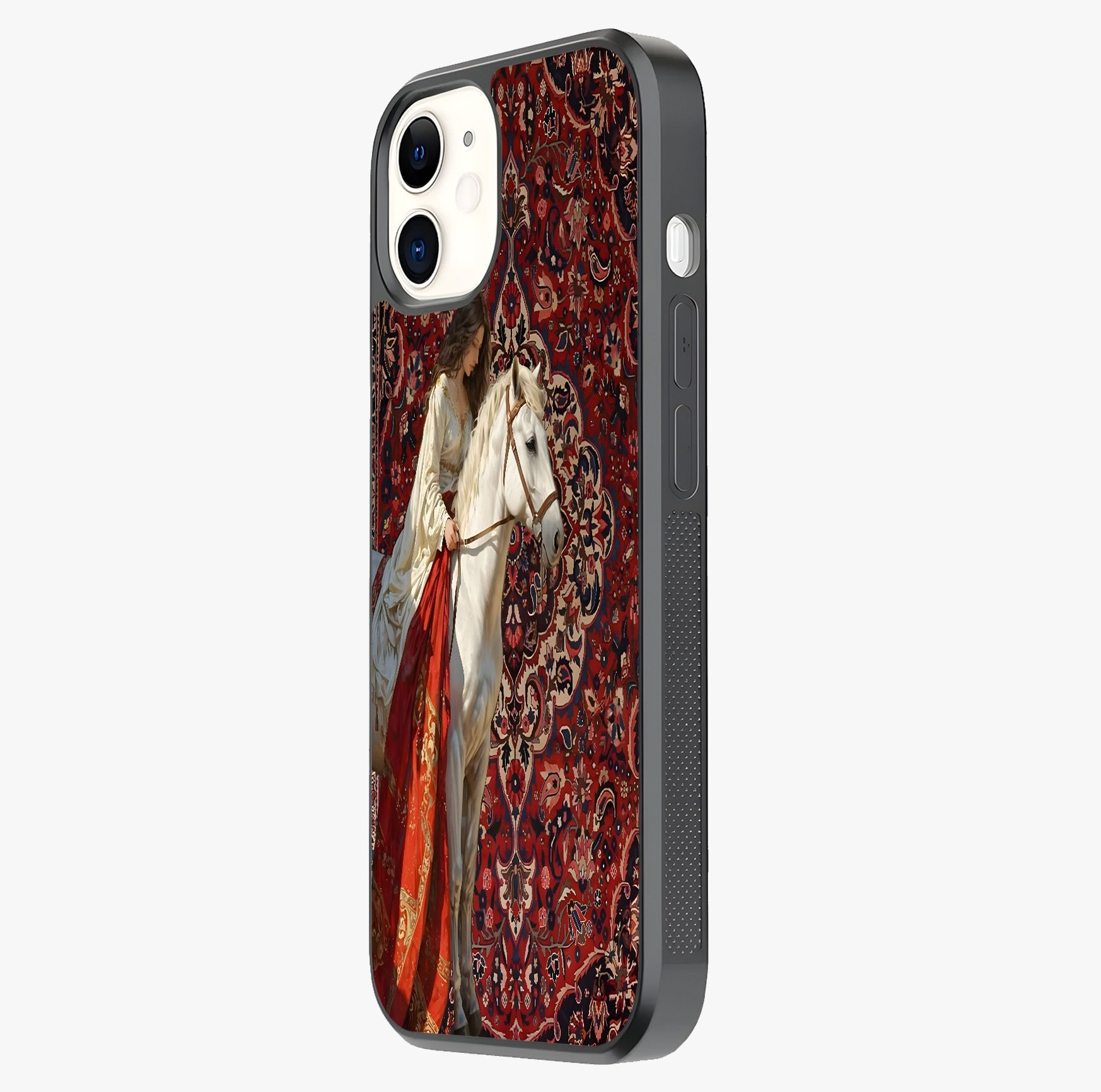 Royal Rider Tapestry Glass Case photographed in natural light showing reflective finish and design depth.