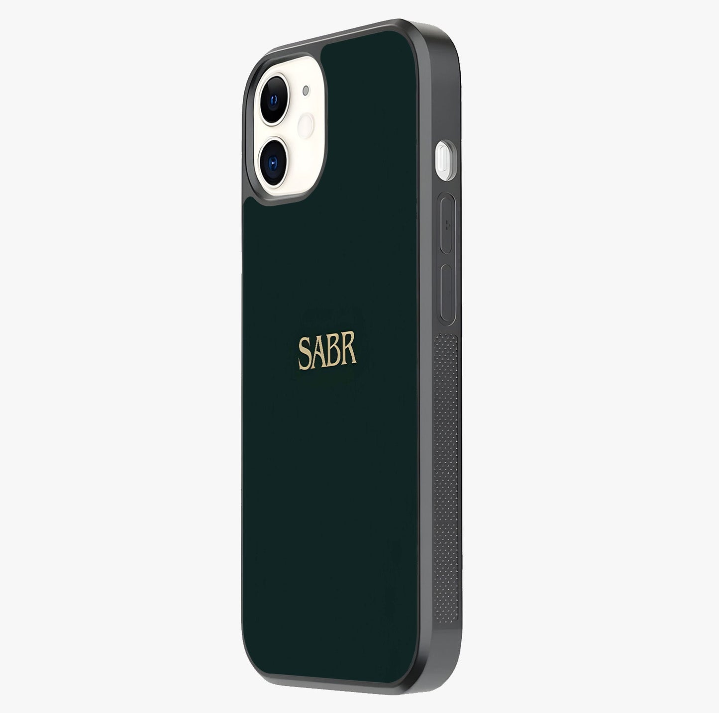 Sabr Minimal Patience Glass Case photographed in natural light showing reflective finish and design depth.