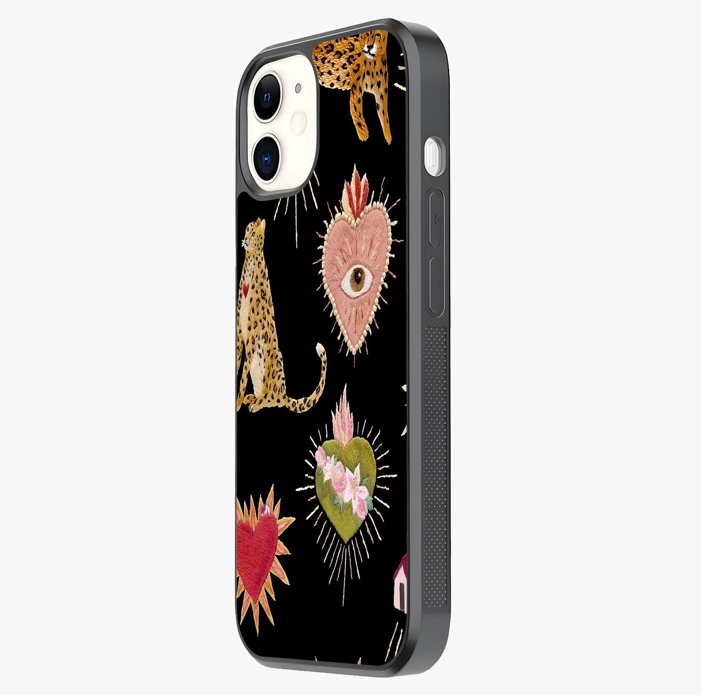 Sacred Jungle Heart Glass Case photographed in natural light showing reflective finish and design depth.