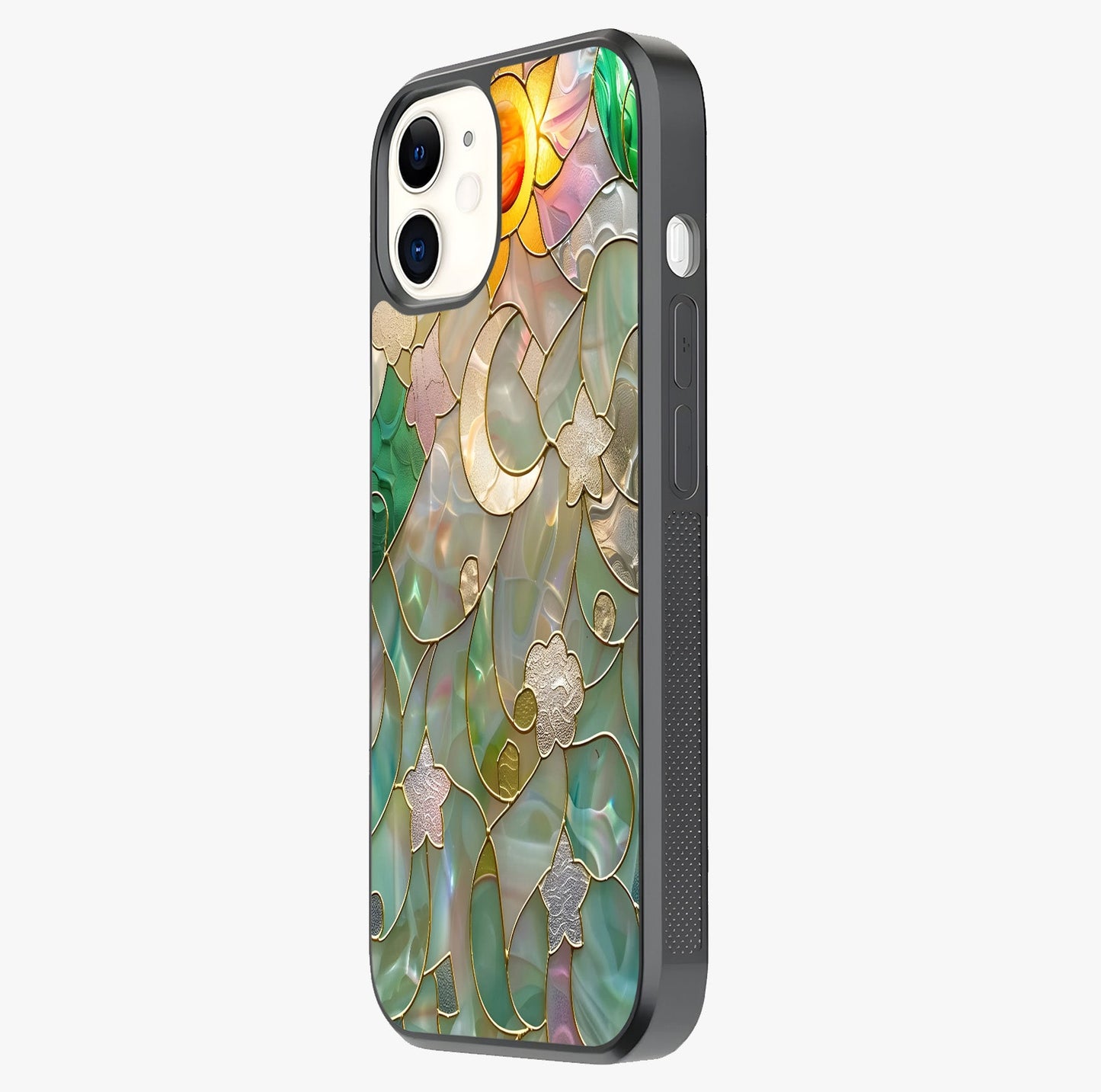 Stained Sunrise Glow Glass Case photographed in natural light showing reflective finish and design depth.