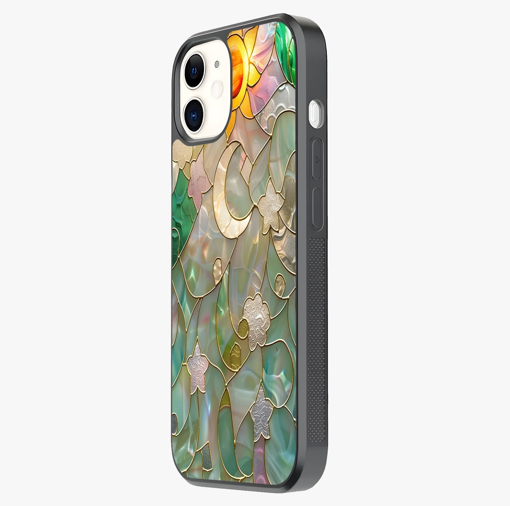 Stained Sunrise Glow Glass Case photographed in natural light showing reflective finish and design depth.