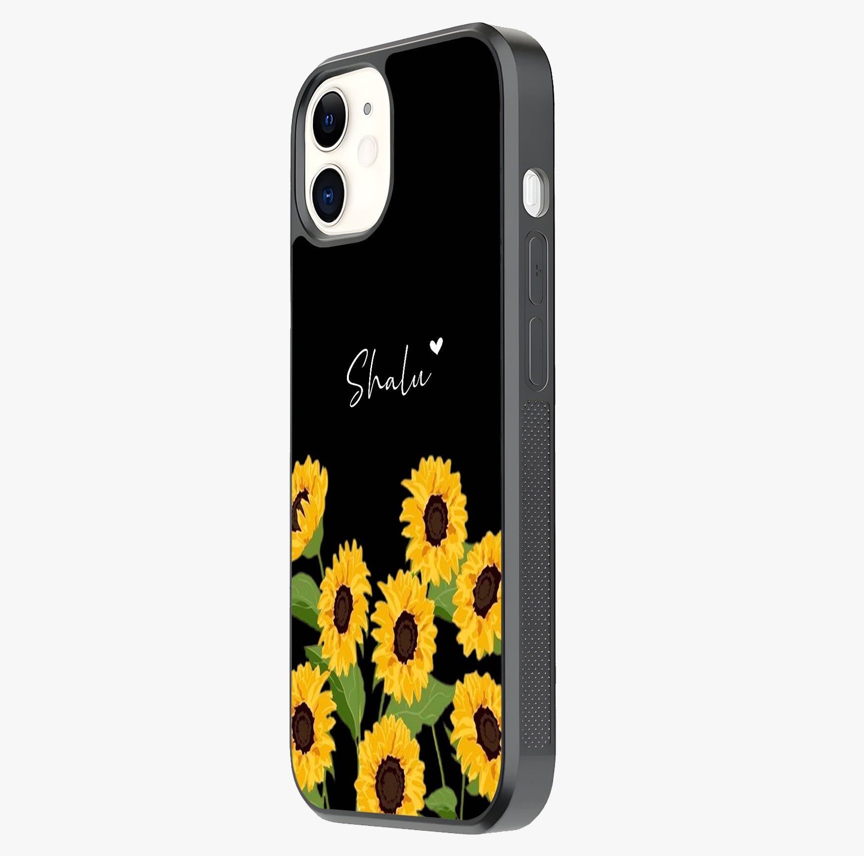 Sunflower Chic Mood Custom Name Glass Case photographed in natural light showing reflective finish and design depth.
