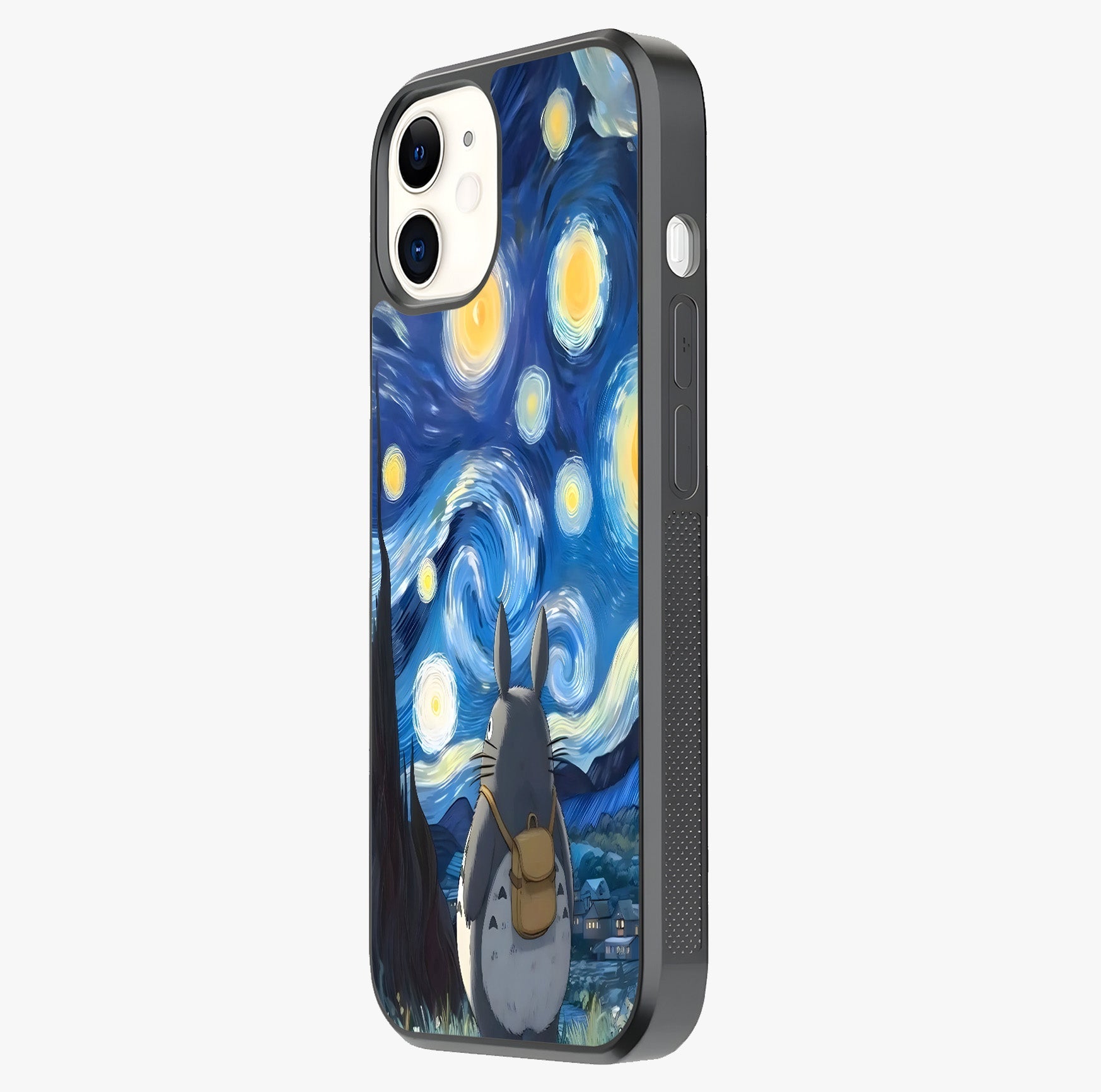 Totoro In Van Gogh Art Glass Case photographed in natural light showing reflective finish and design depth.