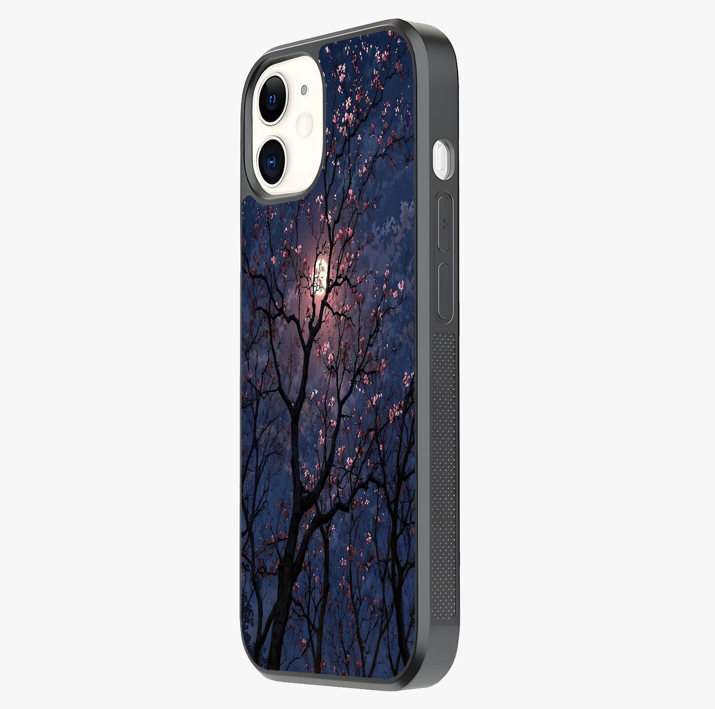Twilight Sakura Serenade Glass Case photographed in natural light showing reflective finish and design depth.