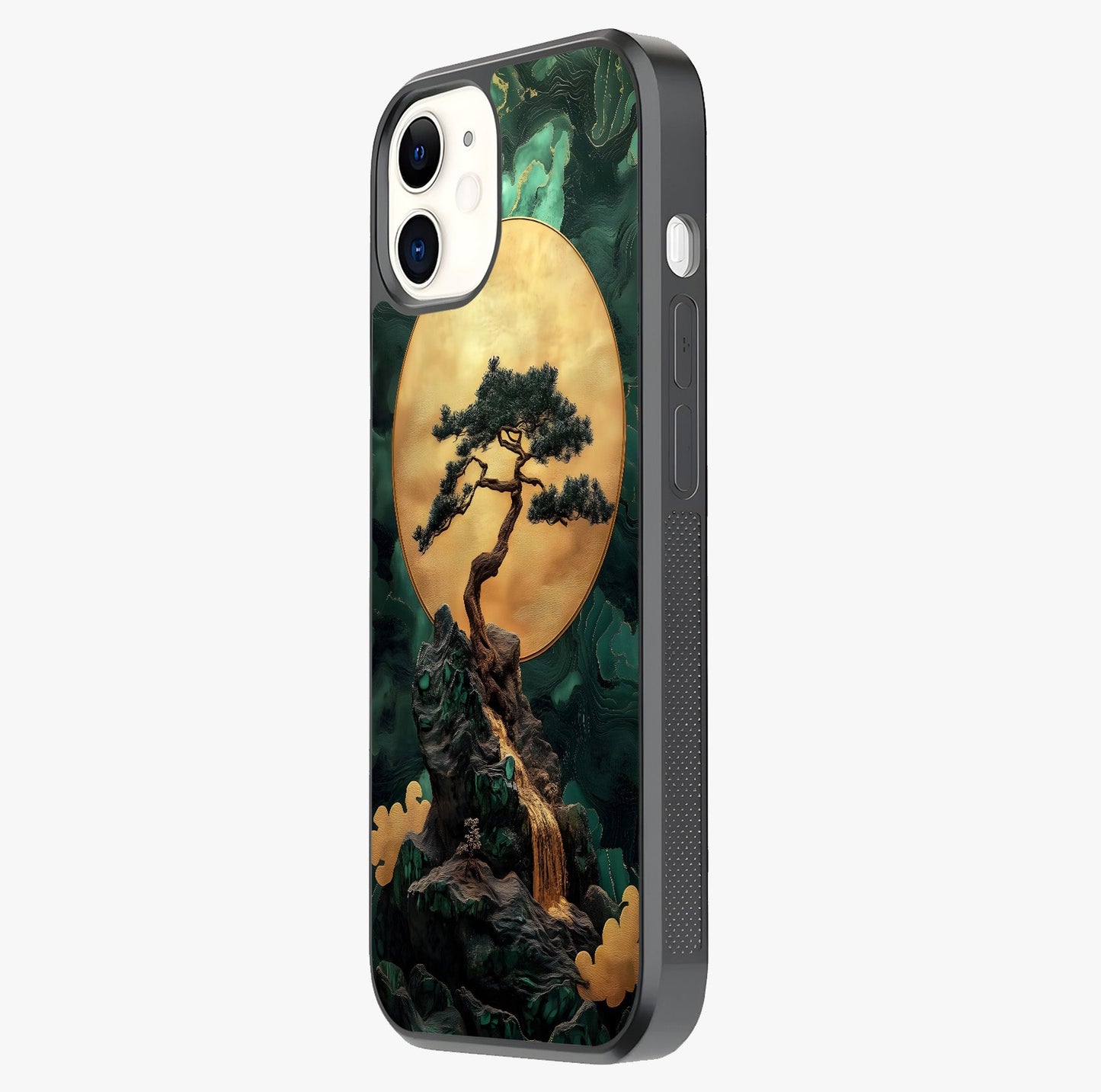 Zen Moon Rise Glass Case photographed in natural light showing reflective finish and design depth