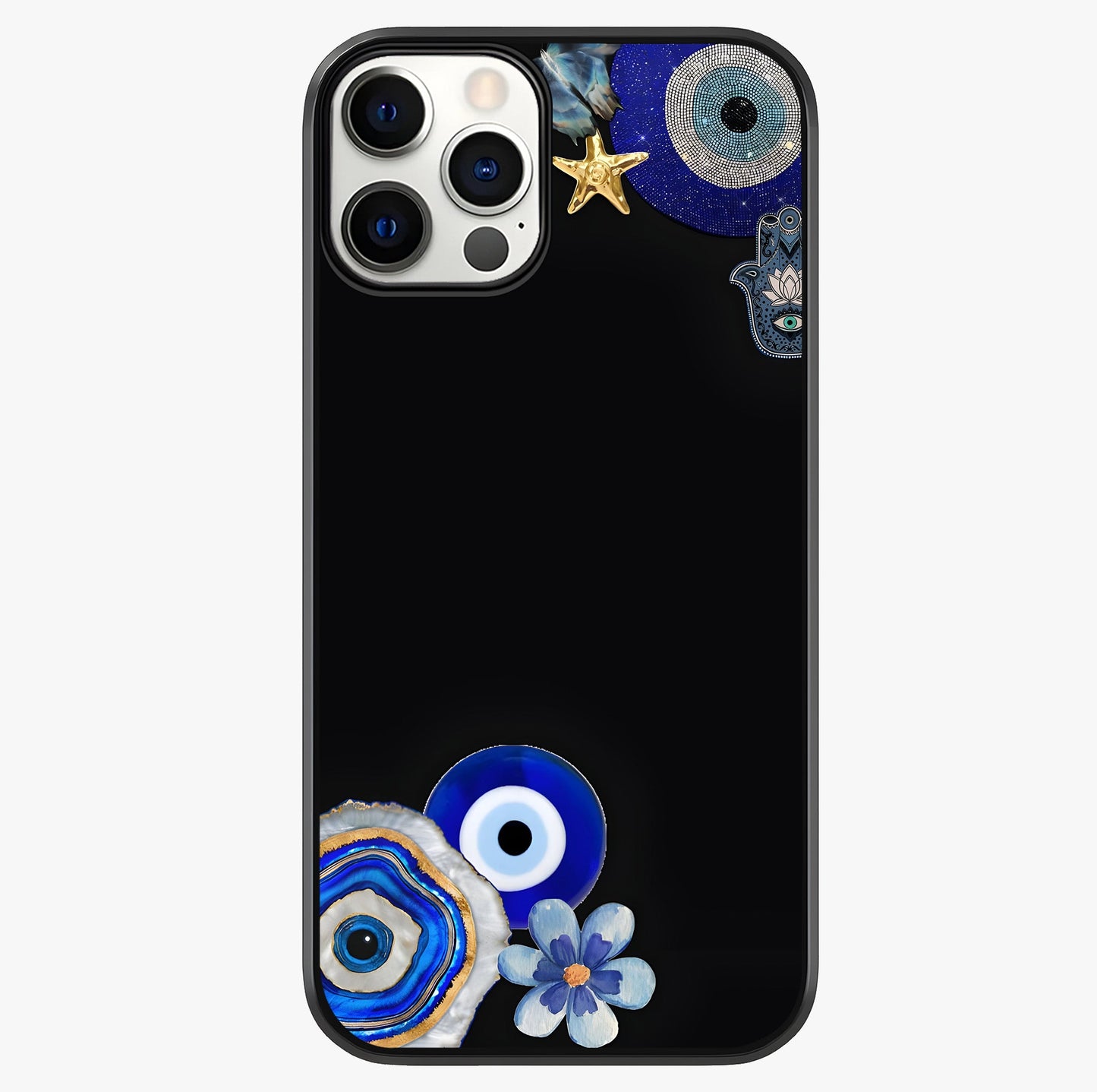 Aesthetic Blue Evil Eye Glass Case showing full back design in clean flat view with glossy glass finish.