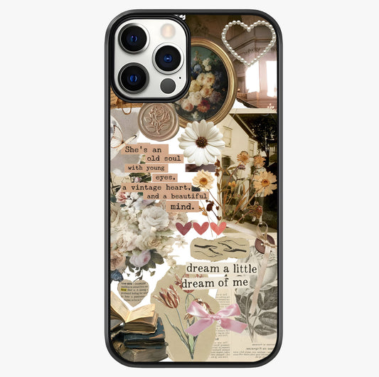 Aesthetic Brown Vintage Collage Glass Case showing full back design in clean flat view with glossy glass finish.