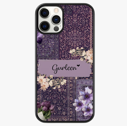Antique Floral Whisper Custom Name Glass Case showing full back design in clean flat view with glossy glass finish.