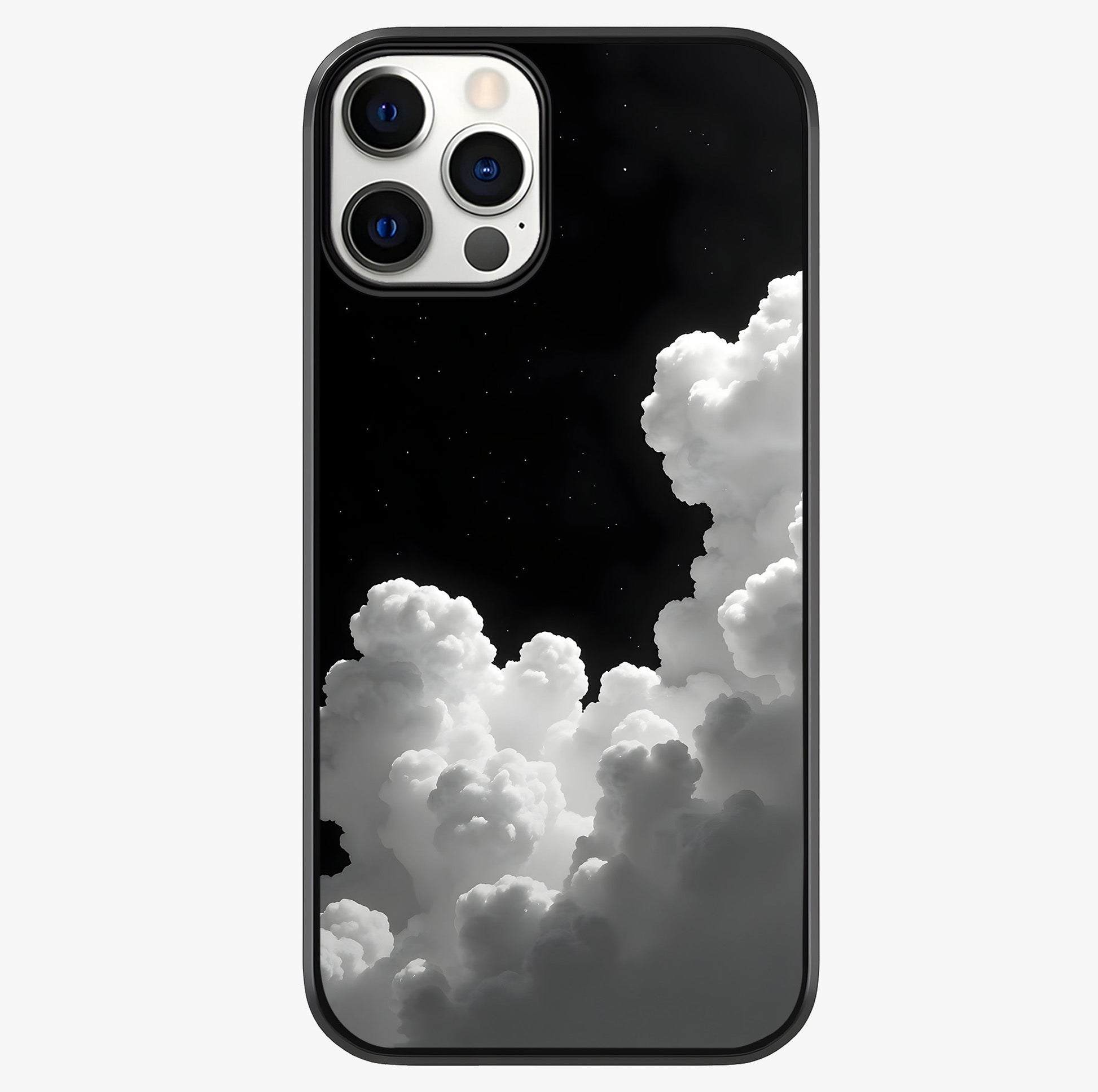 Black Background With White Cloud Glass Case showing full back design in clean flat view with glossy glass finish.