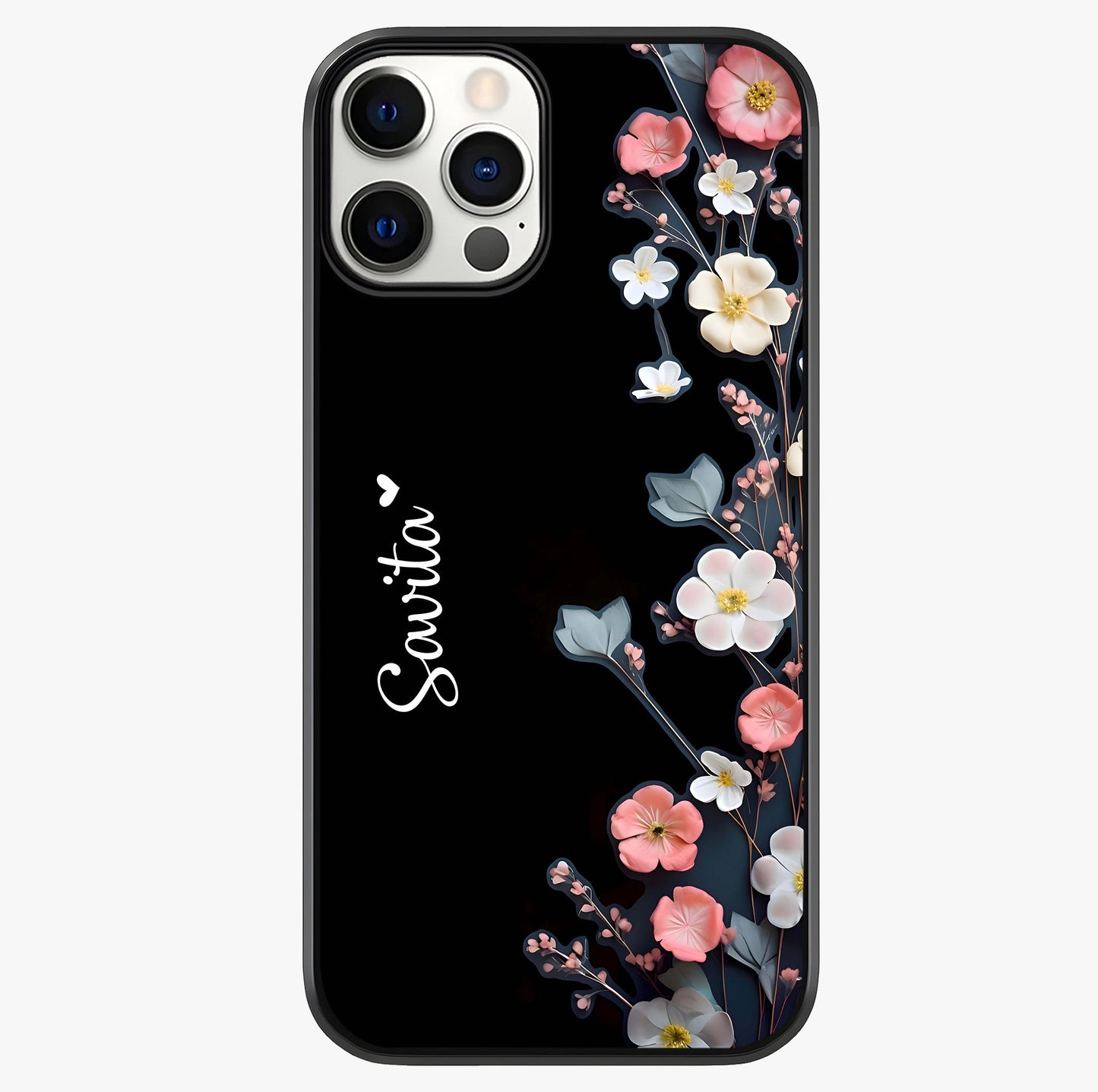 Black Elegance Floral Custom Name Glass Case showing full back design in clean flat view with glossy glass finish.