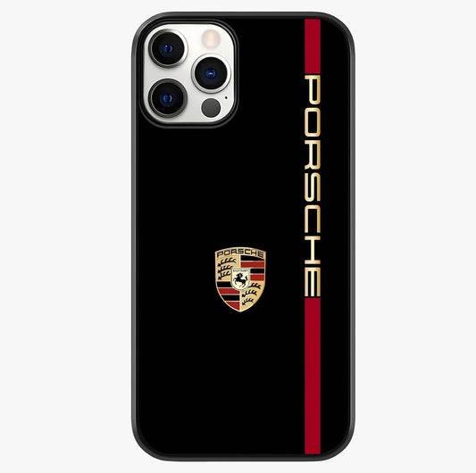 Black Minimal Porsche Glass Case showing full back design in clean flat view with glossy glass finish.