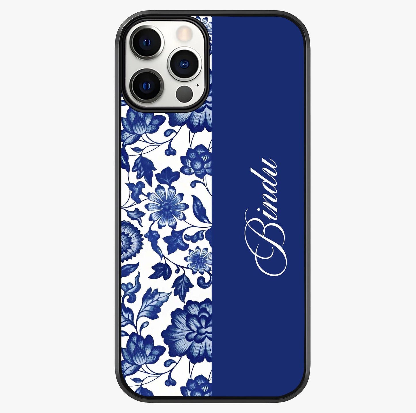 Blue Vintage Floral Pattern Glass Case showing full back design in clean flat view with glossy glass finish.