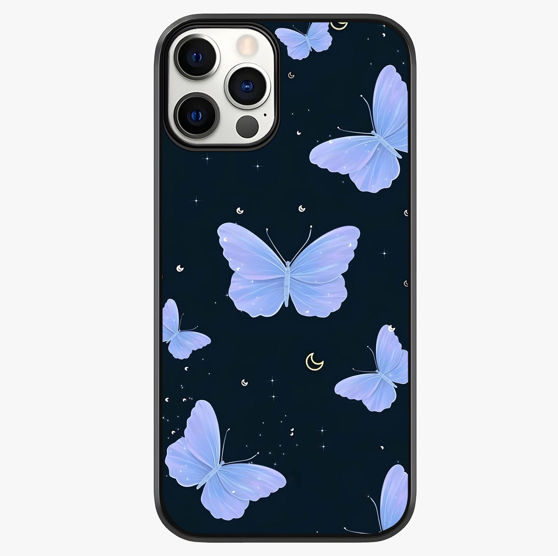 Butterfly With Stars Pattern Glass Case showing full back design in clean flat view with glossy glass finish.