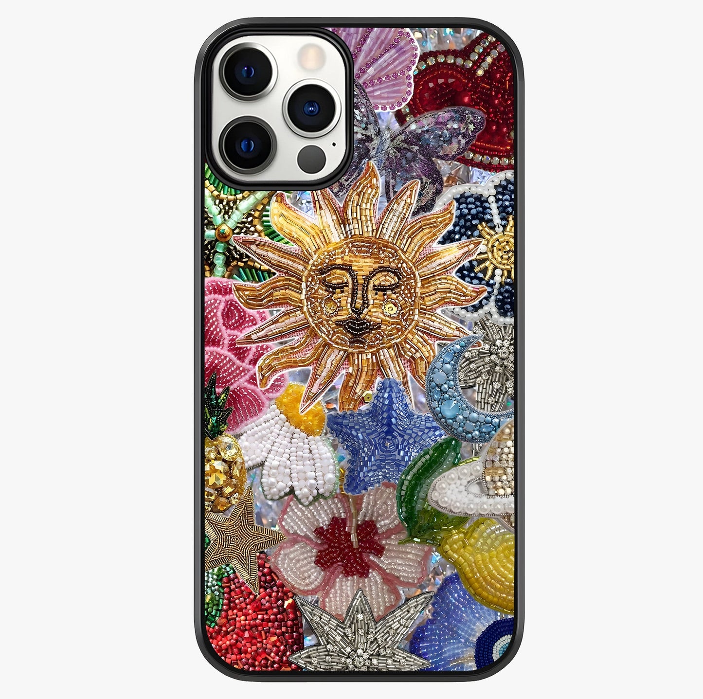 Celestial Floral And Playful Glass Case showing full back design in clean flat view with glossy glass finish.