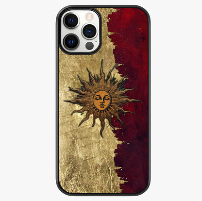 Crimson Sun Majesty Glass Case showing full back design in clean flat view with glossy glass finish.