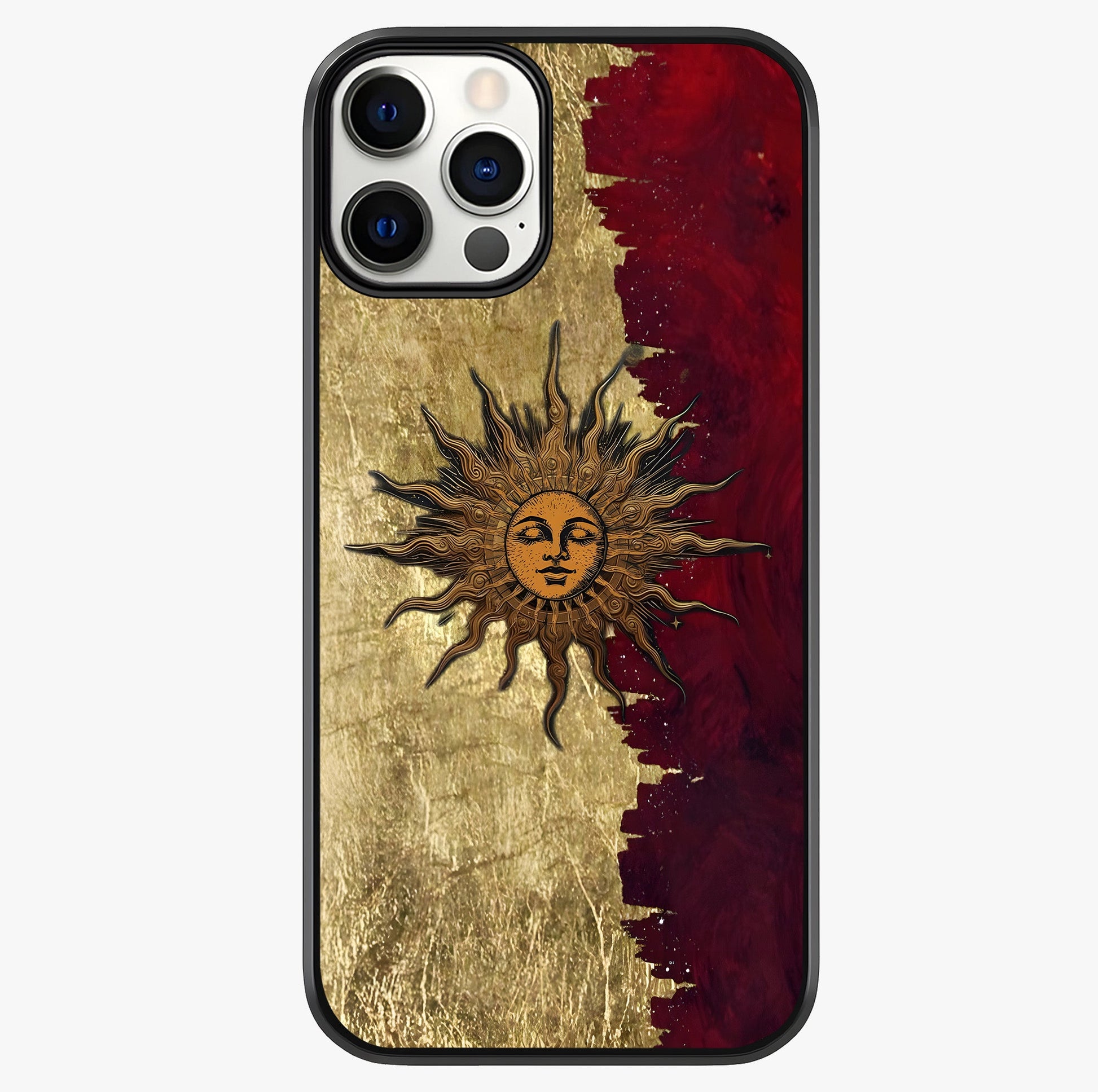 Crimson Sun Majesty Glass Case showing full back design in clean flat view with glossy glass finish.