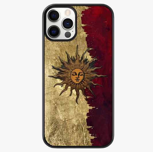 Crimson Sun Majesty Glass Case showing full back design in clean flat view with glossy glass finish.