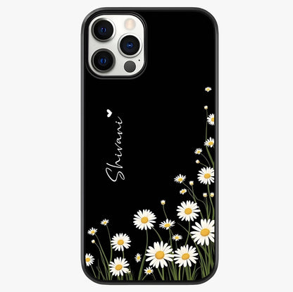 Daisy Cascade Custom Name Glass Case showing full back design in clean flat view with glossy glass finish.