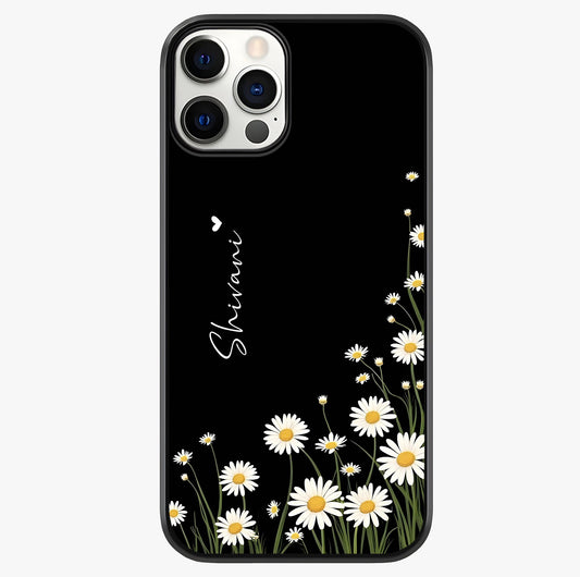 Daisy Cascade Custom Name Glass Case showing full back design in clean flat view with glossy glass finish.