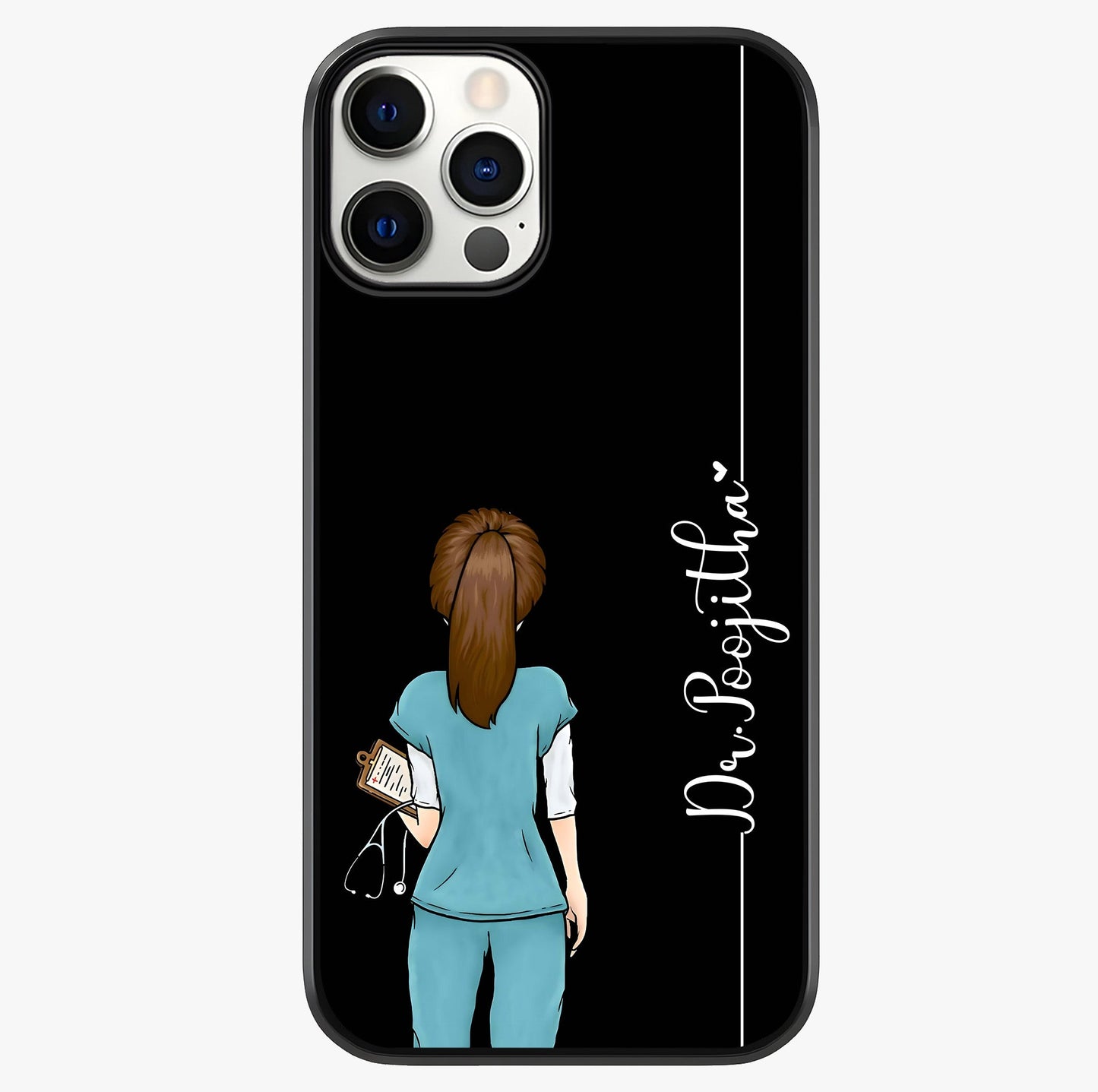 Doctor Pattern Custom Name Glass Case showing full back design in clean flat view with glossy glass finish.
