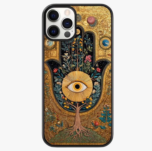 Ethereal Evil Eye Glass Case showing full back design in clean flat view with glossy glass finish.