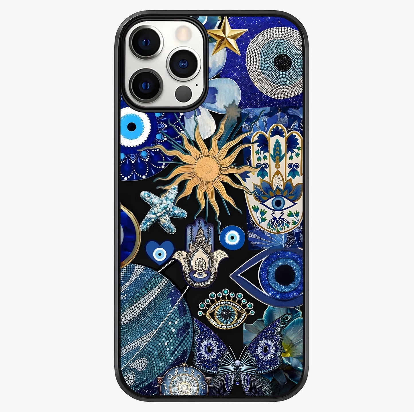Evil Eye Charm Mix Glass Case showing full back design in clean flat view with glossy glass finish.