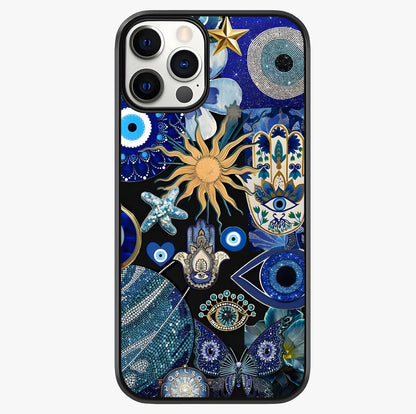 Evil Eye Charm Mix Glass Case showing full back design in clean flat view with glossy glass finish.