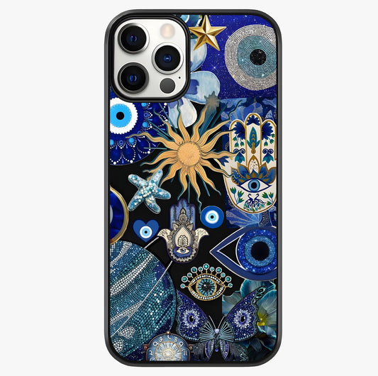 Evil Eye Charm Mix Glass Case showing full back design in clean flat view with glossy glass finish.