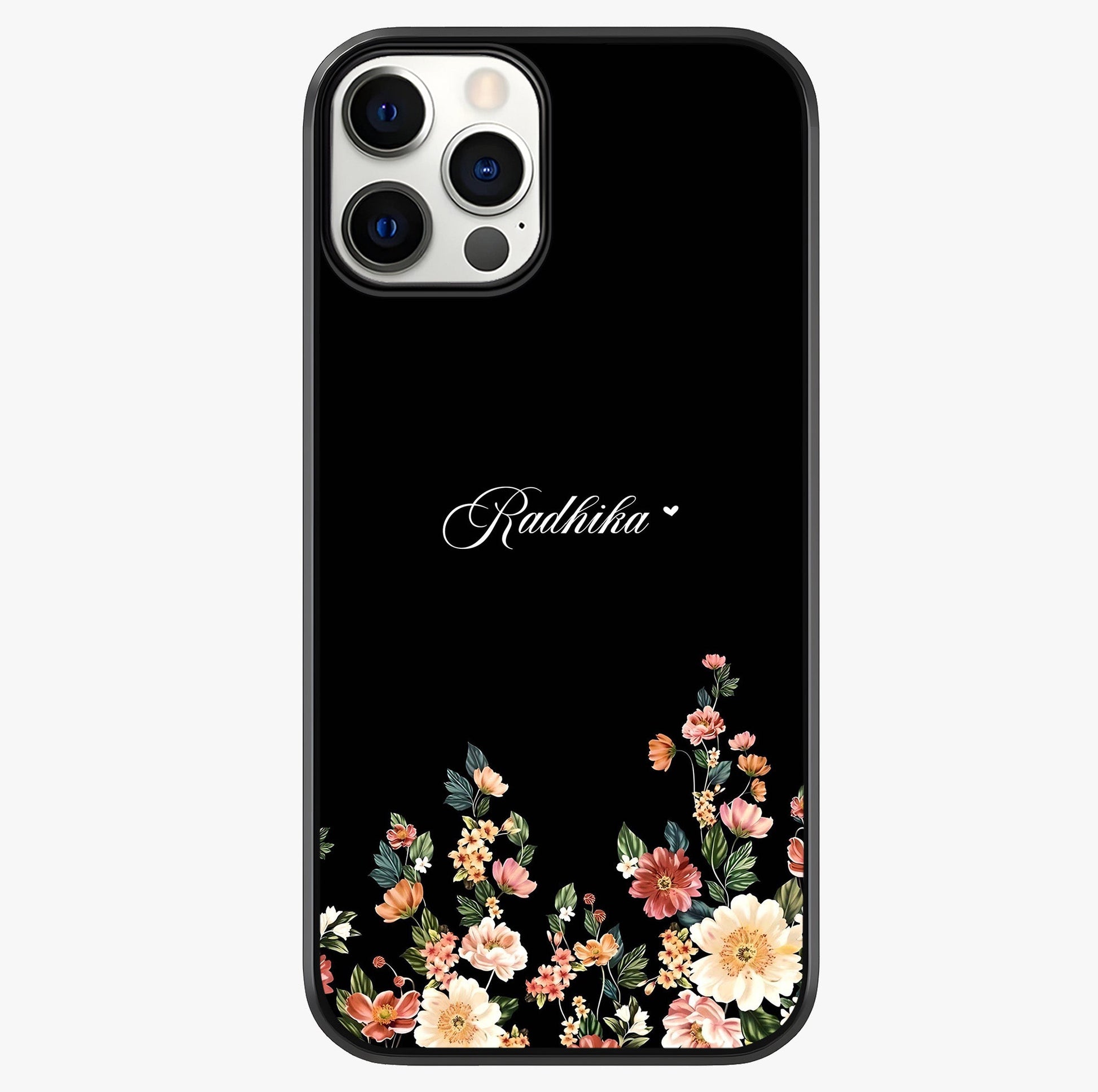 Floral Design With A Custom Personalized Name Glass Case showing full back design in clean flat view with glossy glass finish.