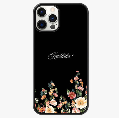 Floral Design With A Custom Personalized Name Glass Case showing full back design in clean flat view with glossy glass finish.