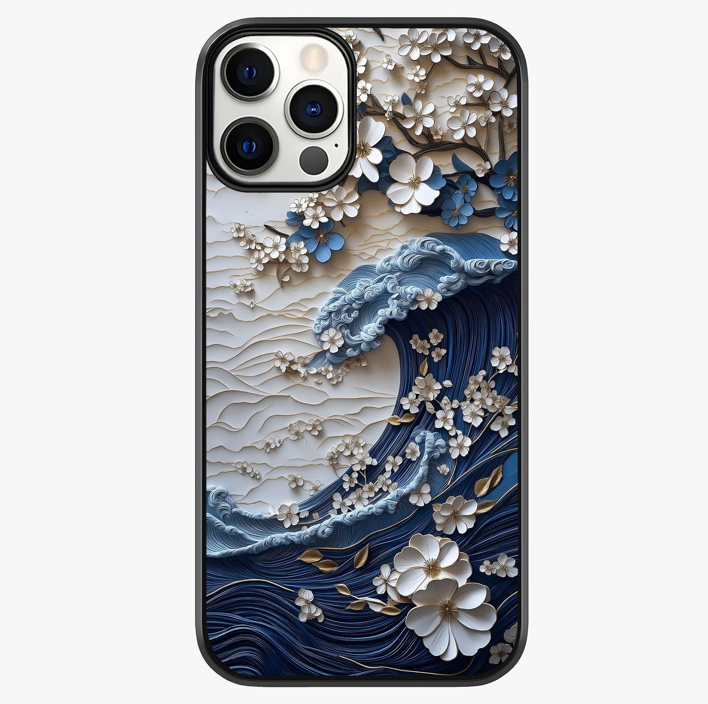Floral Wave Origami Glass Case showing full back design in clean flat view with glossy glass finish.