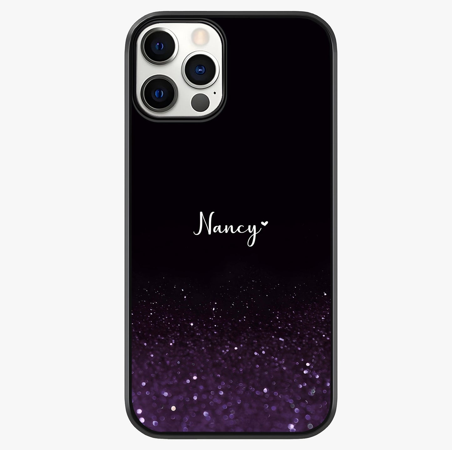 Glittery Purple Bokeh Custom Name Glass Case showing full back design in clean flat view with glossy glass finish.