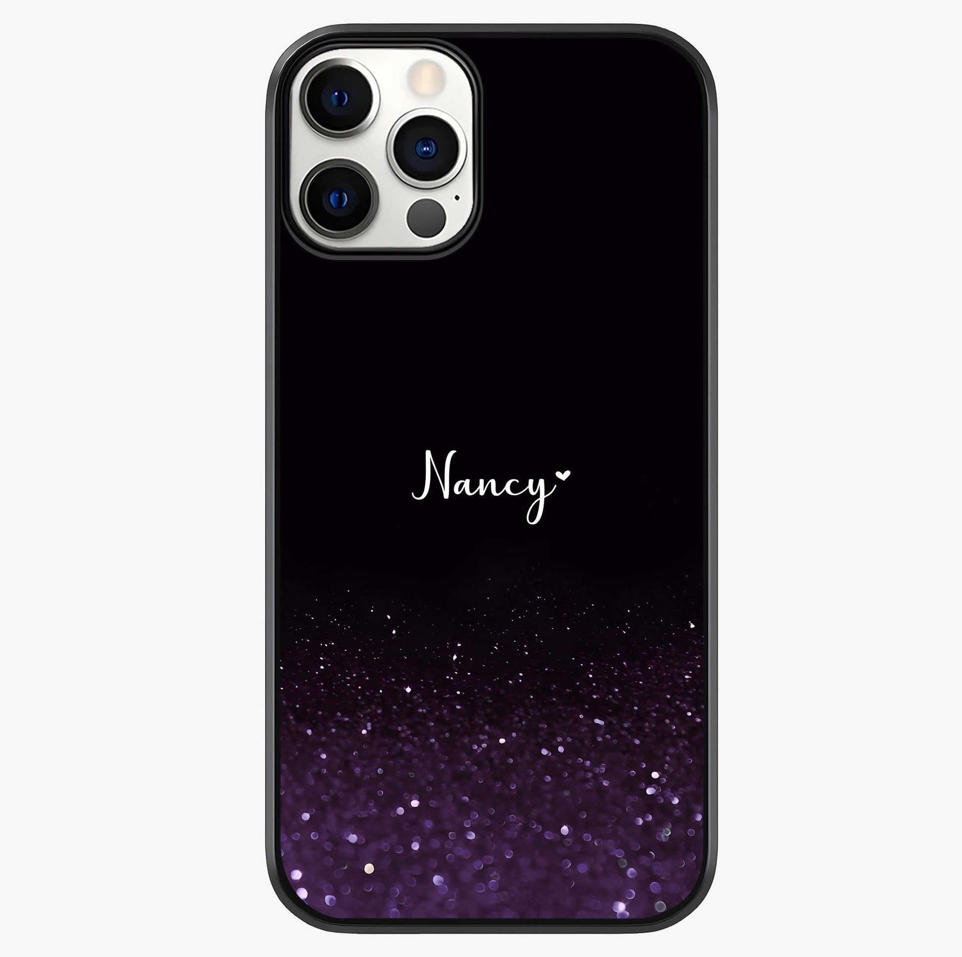 Glittery Purple Bokeh Custom Name Glass Case showing full back design in clean flat view with glossy glass finish.