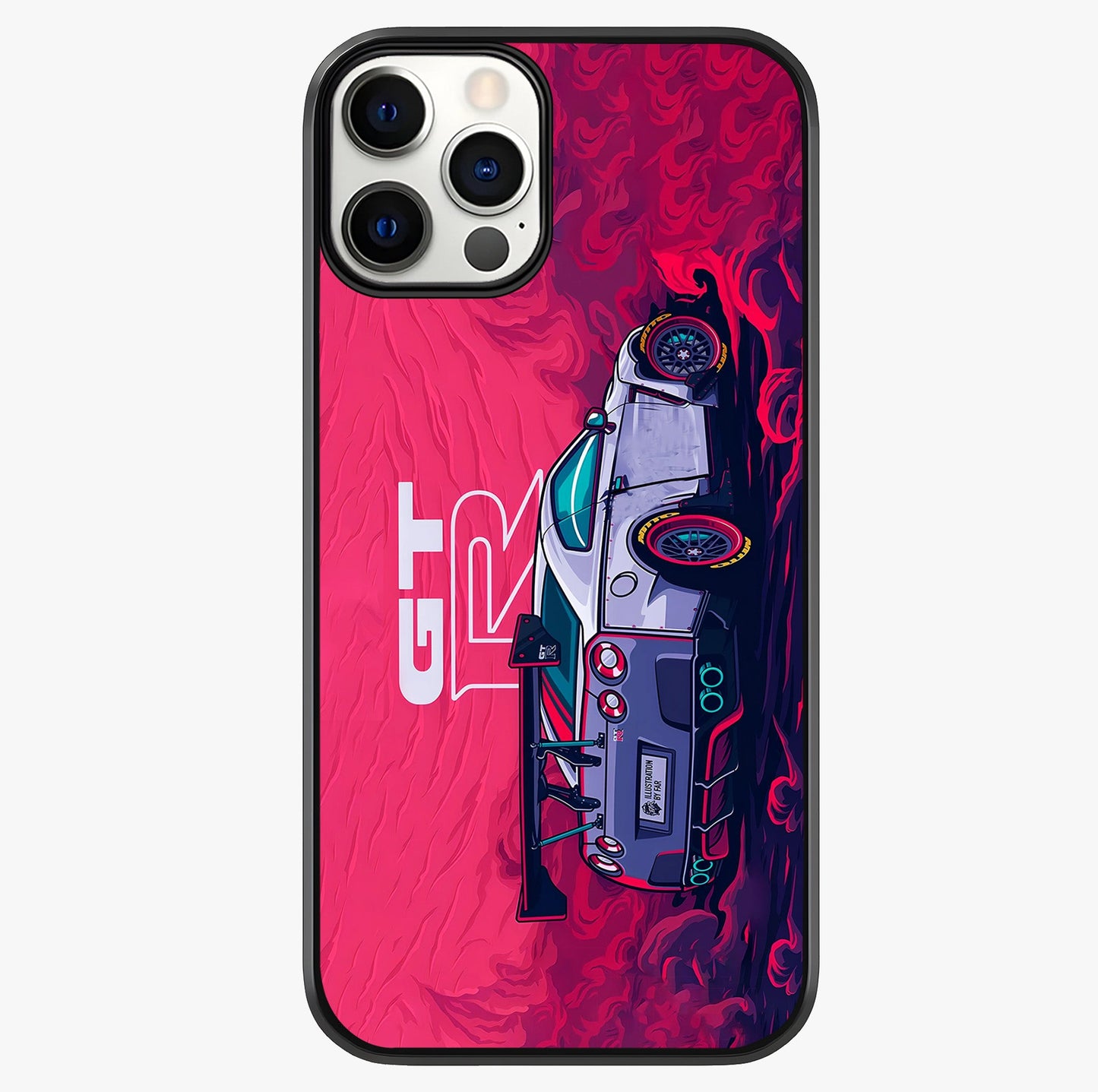 GT R Car Pattern Glass Case showing full back design in clean flat view with glossy glass finish.