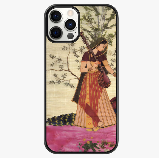 Lady With Veena Art Glass Case showing full back design in clean flat view with glossy glass finish.