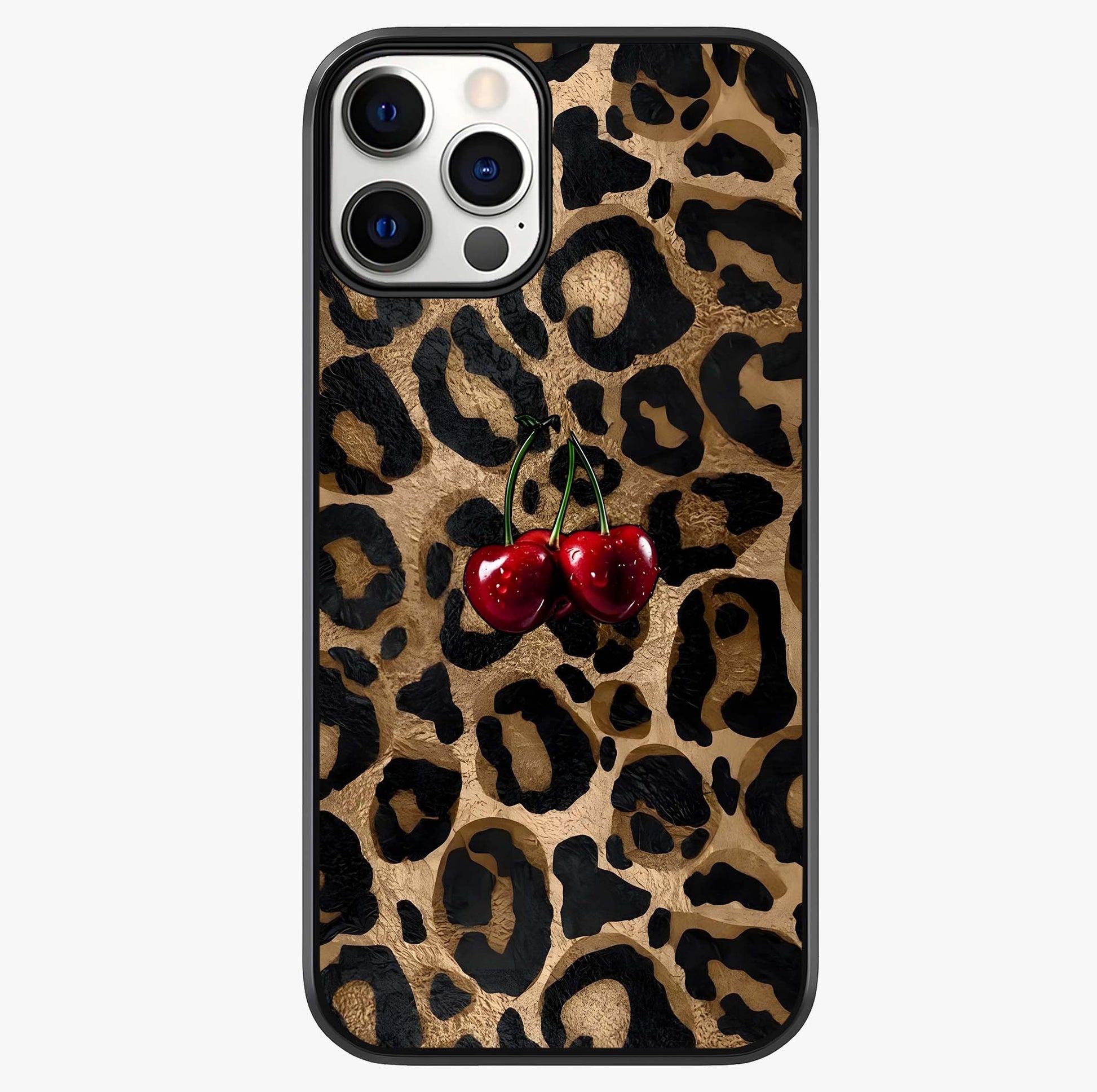 Leopard Wild Cherry Glass Case showing full back design in clean flat view with glossy glass finish.
