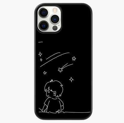 Line Art Boy With Shooting Stars Glass Case showing full back design in clean flat view with glossy glass finish.