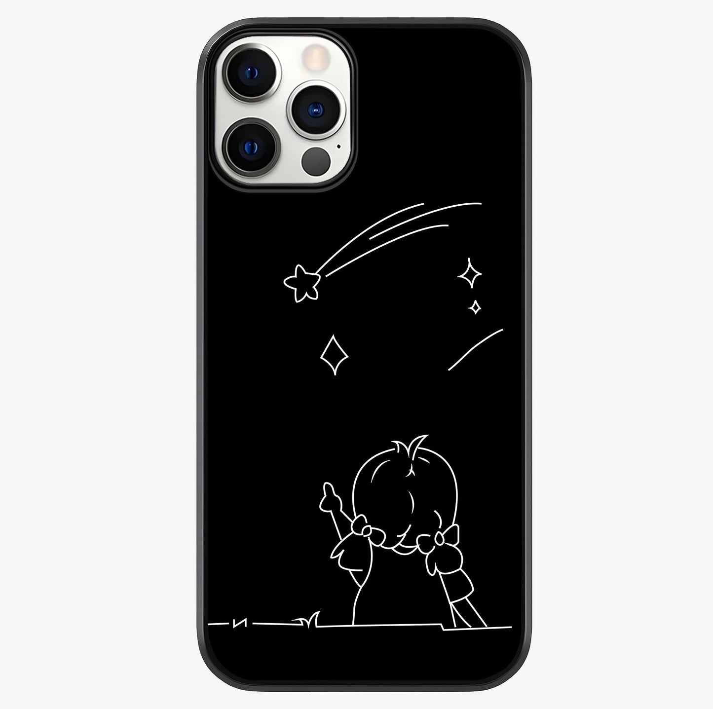 Line Art Girl With Shooting Stars Glass Case showing full back design in clean flat view with glossy glass finish.