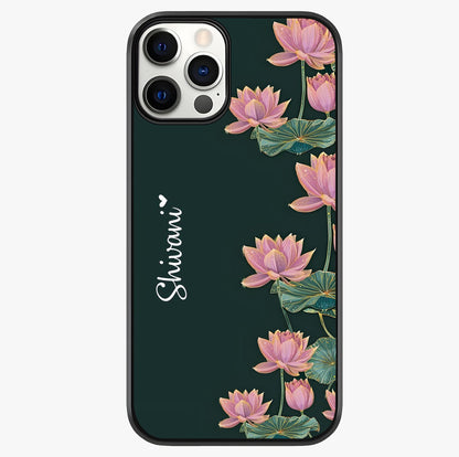 Lotus Bloom Serenity Custom Name Glass Case showing full back design in clean flat view with glossy glass finish.