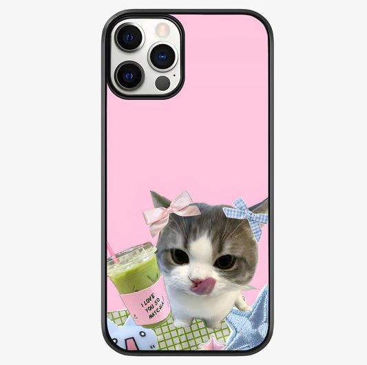 Love Matcha Cat Glass Case showing full back design in clean flat view with glossy glass finish.