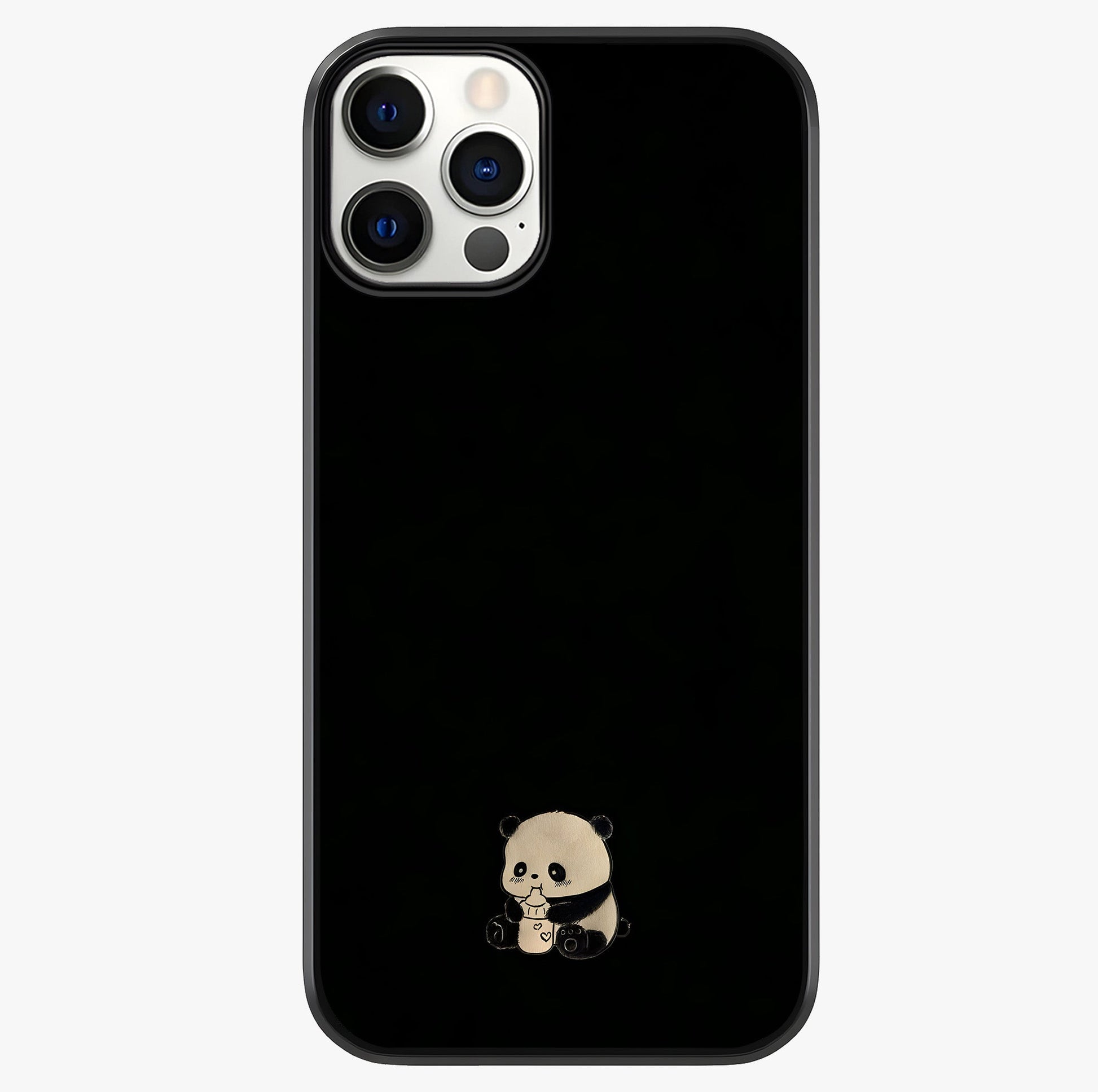 Midnight Panda Love Glass Case showing full back design in clean flat view with glossy glass finish.