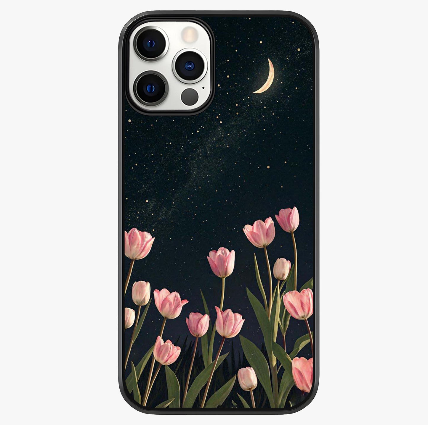 Midnight Tulip Whispers Vibe Glass Case showing full back design in clean flat view with glossy glass finish.