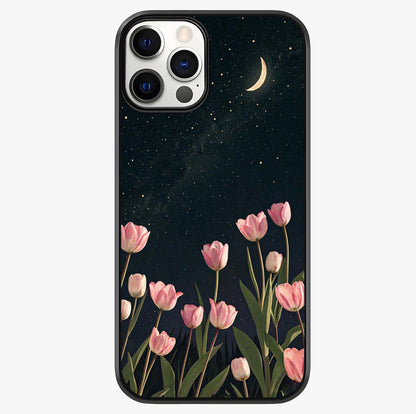 Midnight Tulip Whispers Vibe Glass Case showing full back design in clean flat view with glossy glass finish.