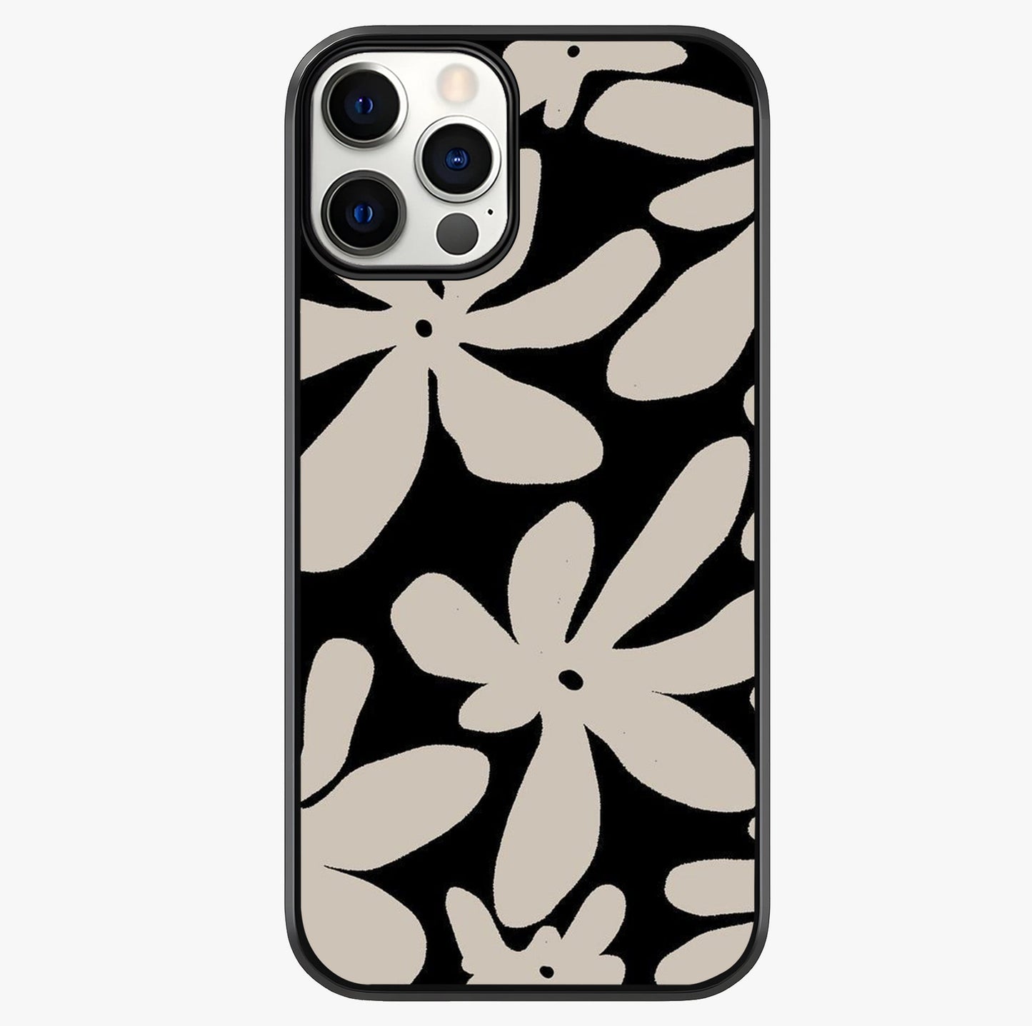 Monochrome Petal Dance Glass Case showing full back design in clean flat view with glossy glass finish.