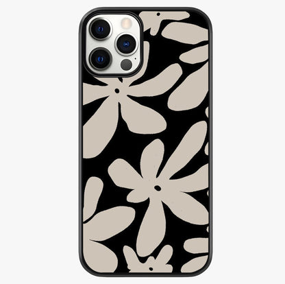 Monochrome Petal Dance Glass Case showing full back design in clean flat view with glossy glass finish.