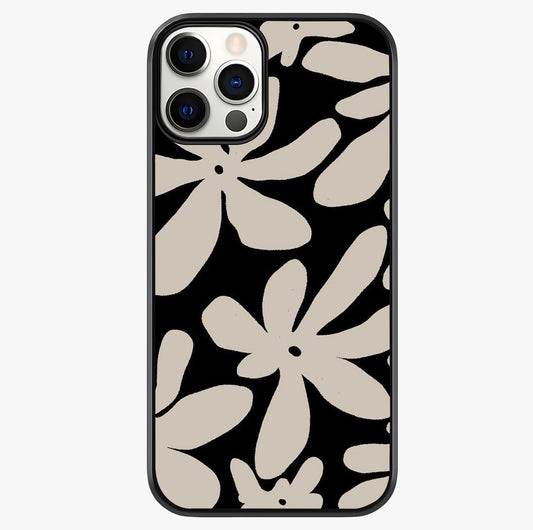 Monochrome Petal Dance Glass Case showing full back design in clean flat view with glossy glass finish.