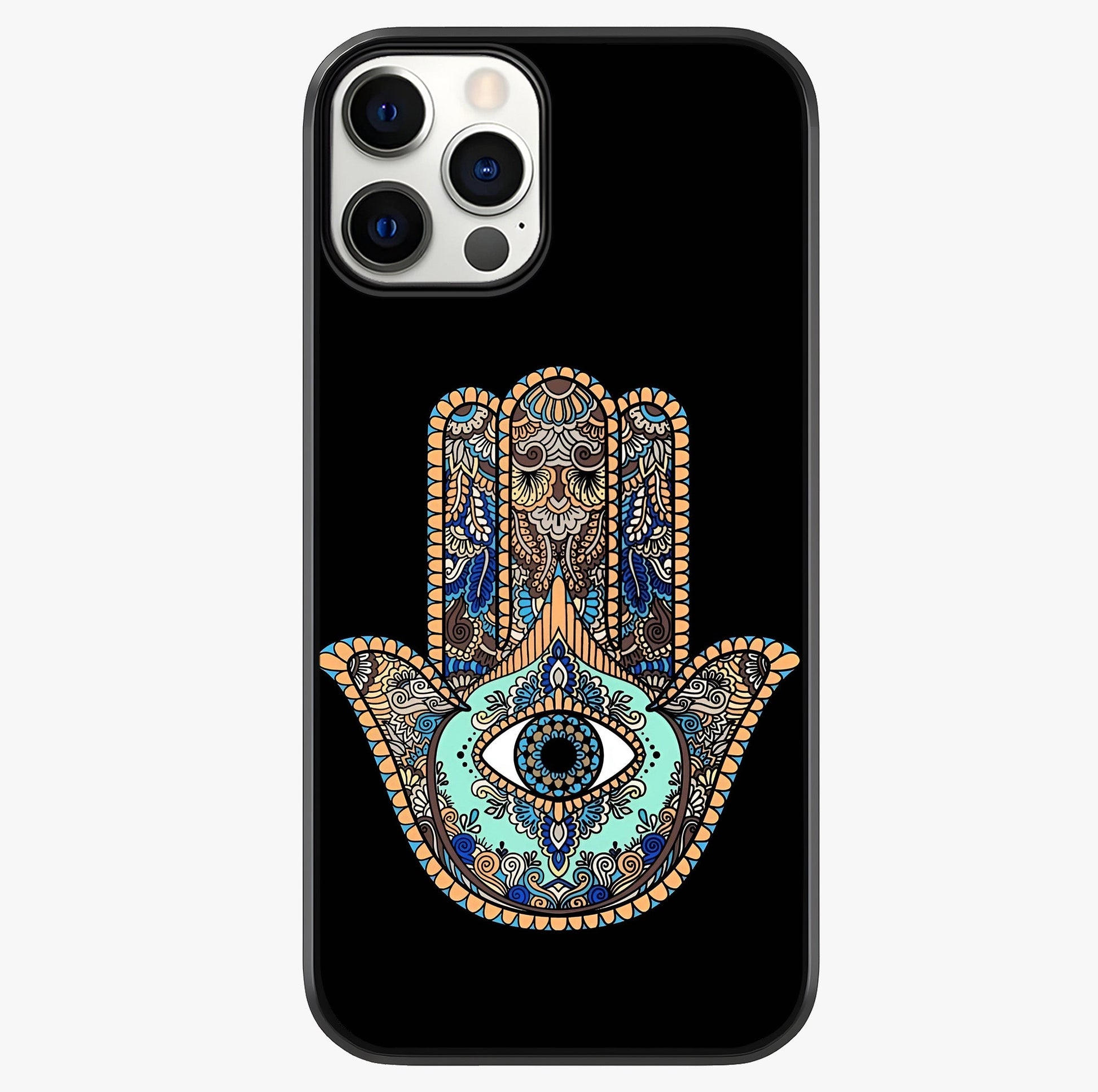 Mystic Hamsa Eye Glass Case showing full back design in clean flat view with glossy glass finish.
